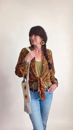 Vintage 70s Edith Kumar Geometric Button Down Shirt - Earth Tone Abstract Pattern Boho Top - Size 12-22 (OSFM)