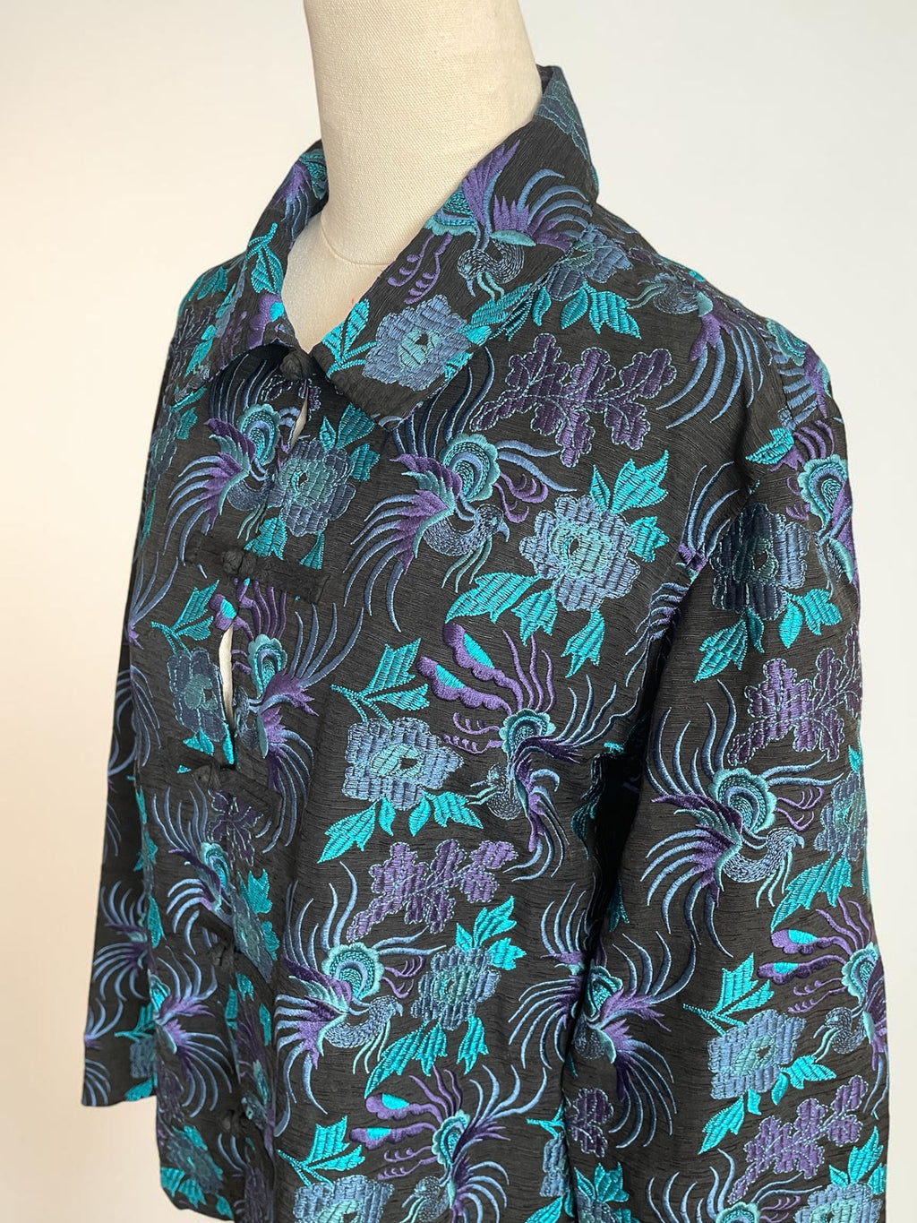 Vintage Chico's Design Silk Linen Embroidered Jacket - Teal Purple Asian Frog Closure Shirt