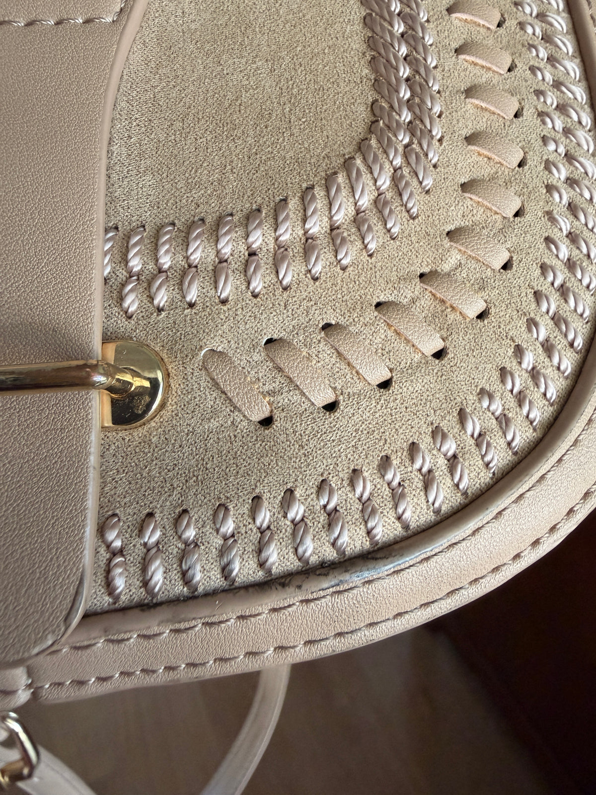 Sportsgirl Boho Faux Suede Saddle Crossbody Bag Whipstitch Detail Beige