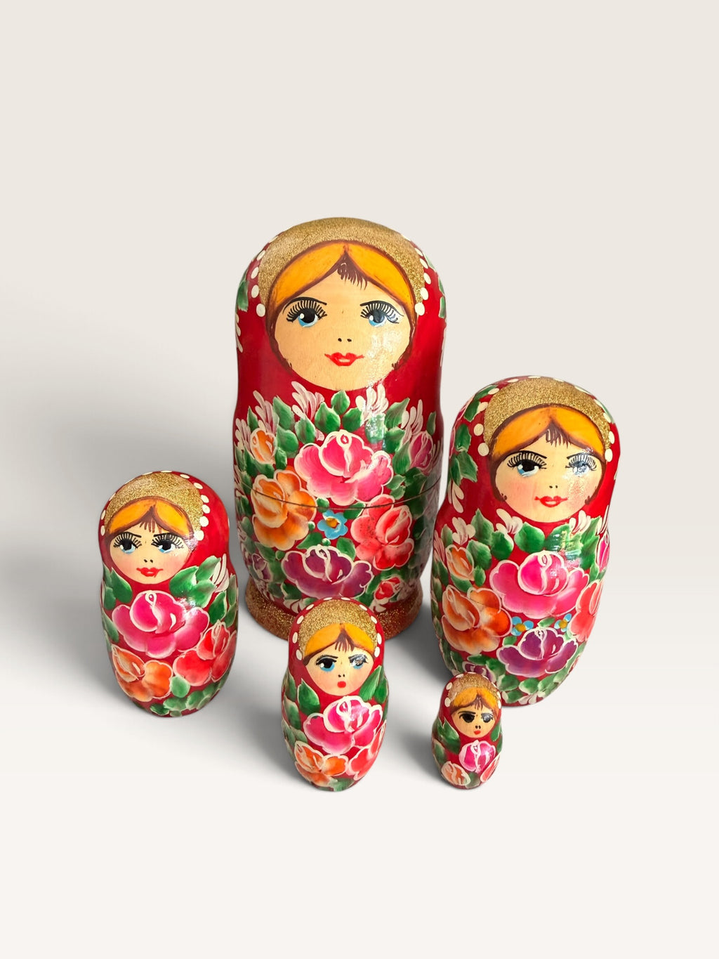 Traditional Semionov Style 5-Piece Russian Nesting Dolls Red Gold Glitter Matryoshka