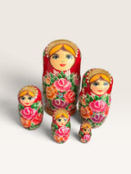 Traditional Semionov Style 5-Piece Russian Nesting Dolls Red Gold Glitter Matryoshka