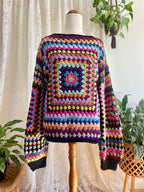 Crochet granny square jumper, multicolour, black trims