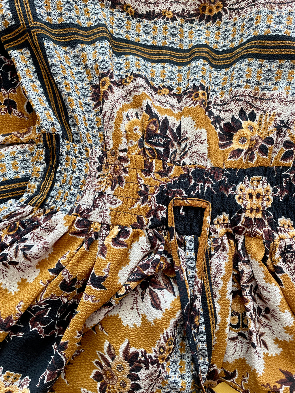 70s Vibe Boho Chic Scarf Print Maxi Dress - Ochre Gold Mustard Paisley Festival Long Sleeve Blouson Dress