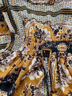 70s Vibe Boho Chic Scarf Print Maxi Dress - Ochre Gold Mustard Paisley Festival Long Sleeve Blouson Dress
