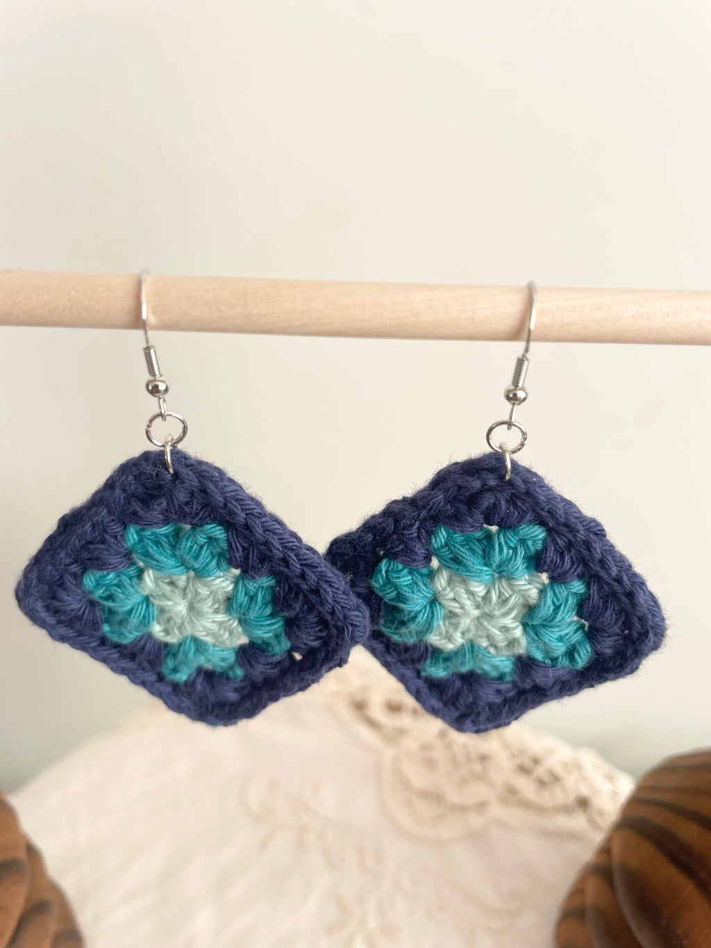 Crochet Big Square Earrings - Blue Tone