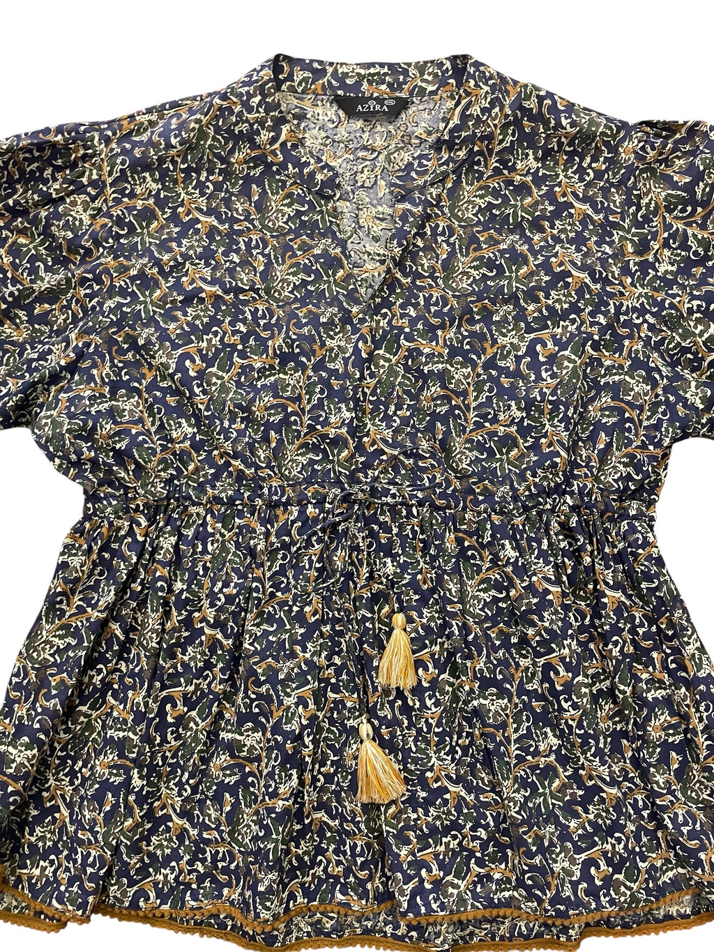 Navy Blue, brown & green print 3/4 sleeve top