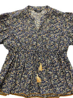 Navy Blue, brown & green print 3/4 sleeve top