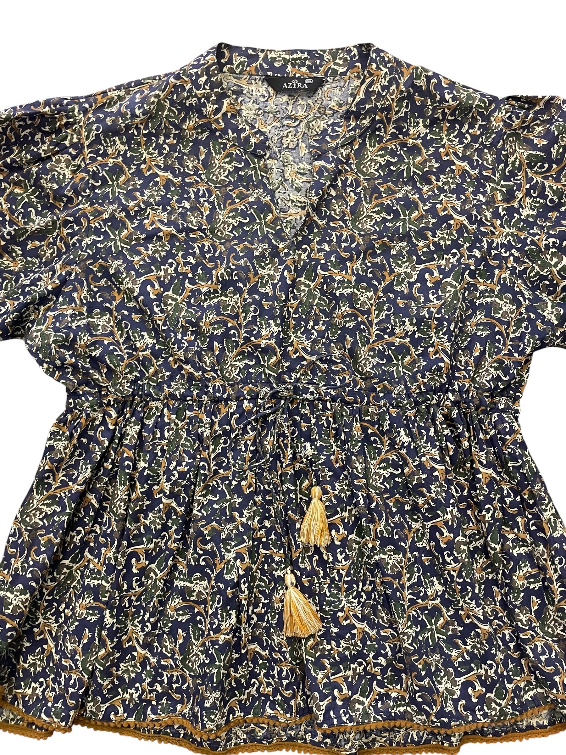 Navy Blue, brown & green print 3/4 sleeve top