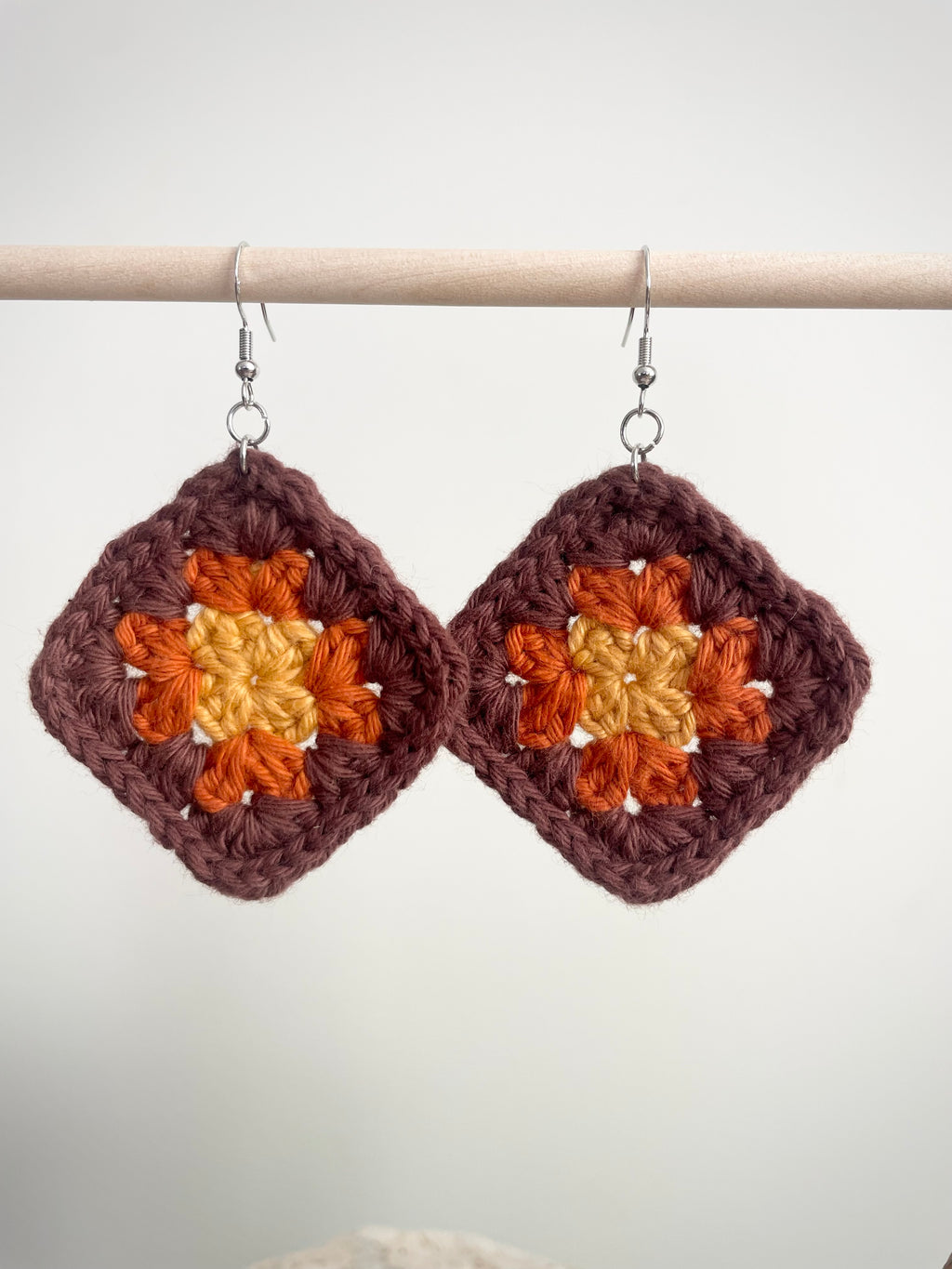 Crochet Big Square Earrings - Yellow/Orange/Brown
