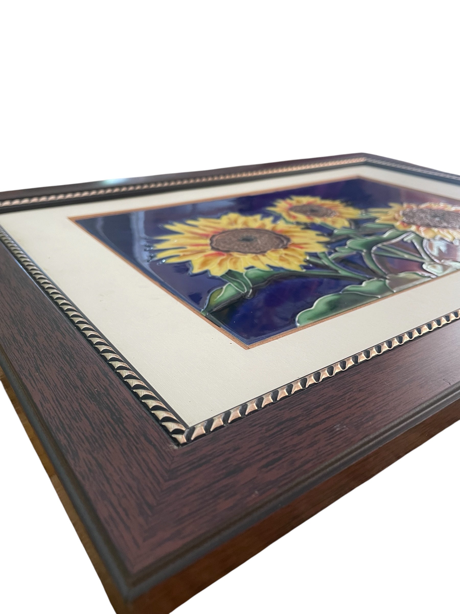 Handpainted Sunflower Vintage Ceramic Tile in Frame