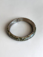 Vintage Silver Tone Green Enamel Swirl Hinged Bangle Clamper Bracelet