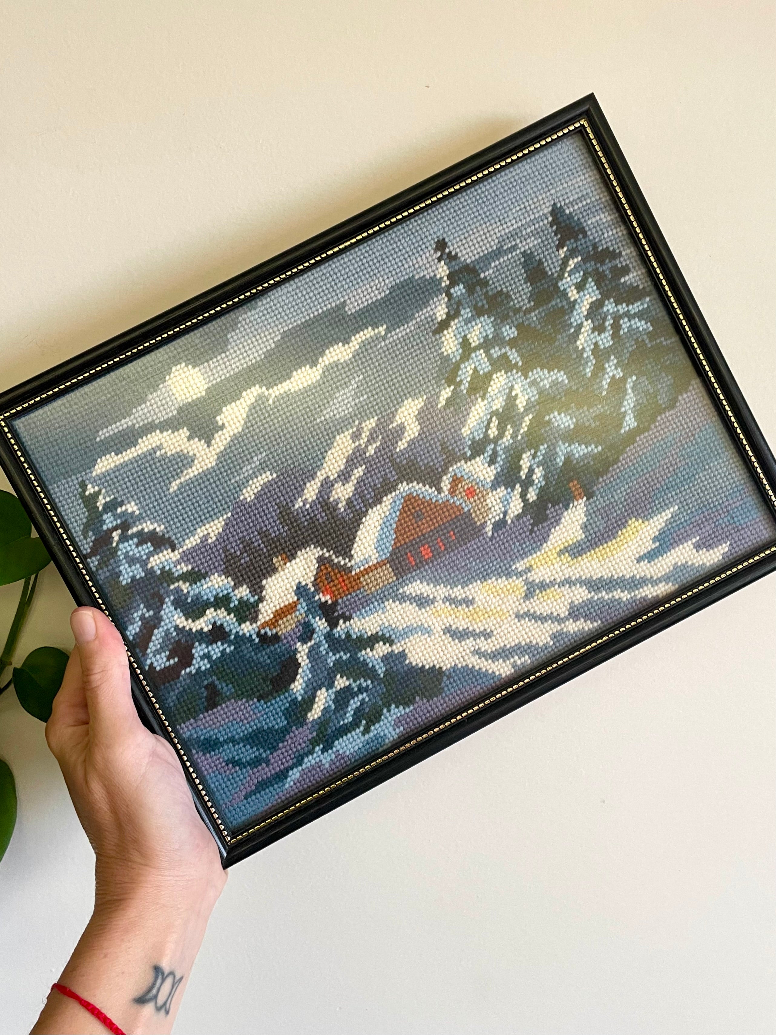 Vintage Framed Tapestry/Needlepoint - Snow Covered Trees