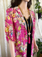 Made in Italy Pink Western Boho Floral Cow Skull Midi Dress Duster - Size 16