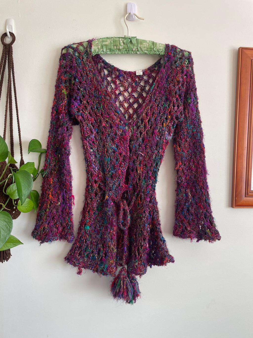 Boho Recycled Sari Silk Crochet Cardigan - Fairycore Open Knit