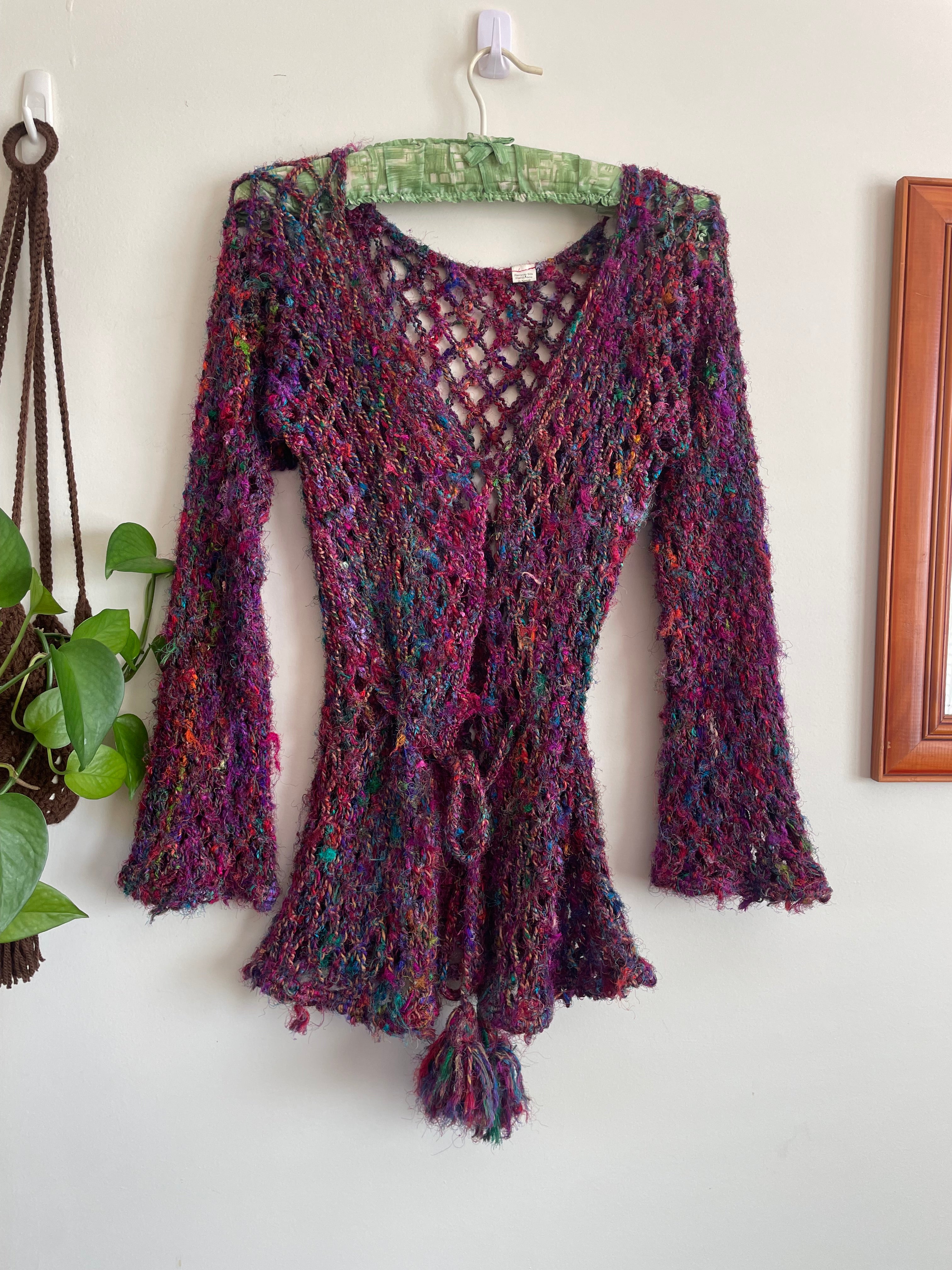 Boho Recycled Sari Silk Crochet Cardigan - Fairycore Open Knit