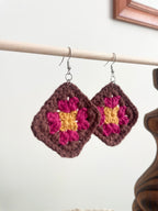 Crochet Big Square Earrings - Yellow/Pink/Brown