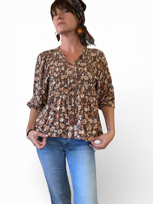 Pre-Loved - Brown floral top with puff sleeves - Sz 10