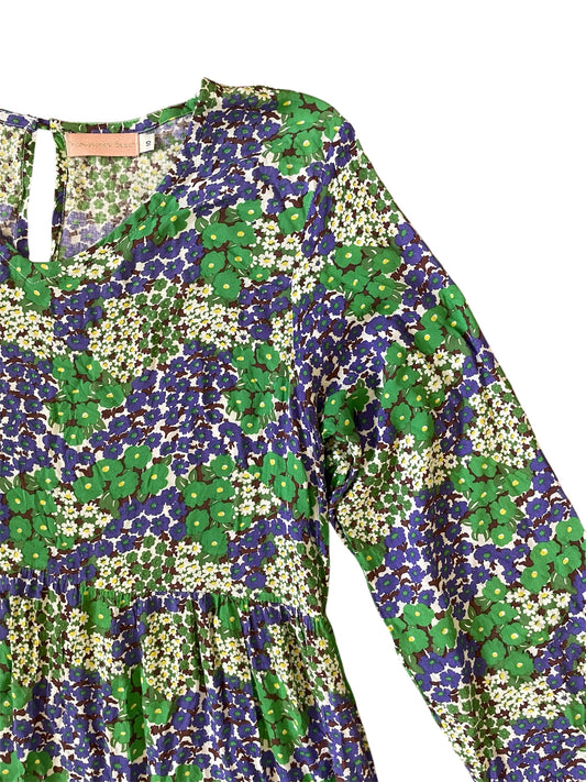 Blue/Green Retro Floral print 3/4 sleeve dress Sz 10