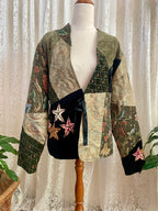 Vintage 90s Indigo Moon Star Patchwork Jacket – Velvet Tapestry Tie Front - Sz L