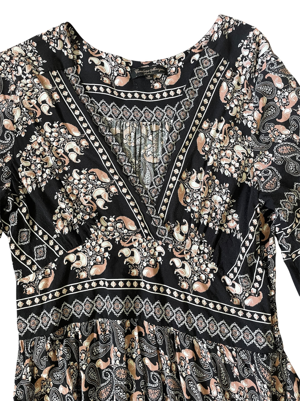 Black/beige paisley print 3/4 sleeve dress Sz M