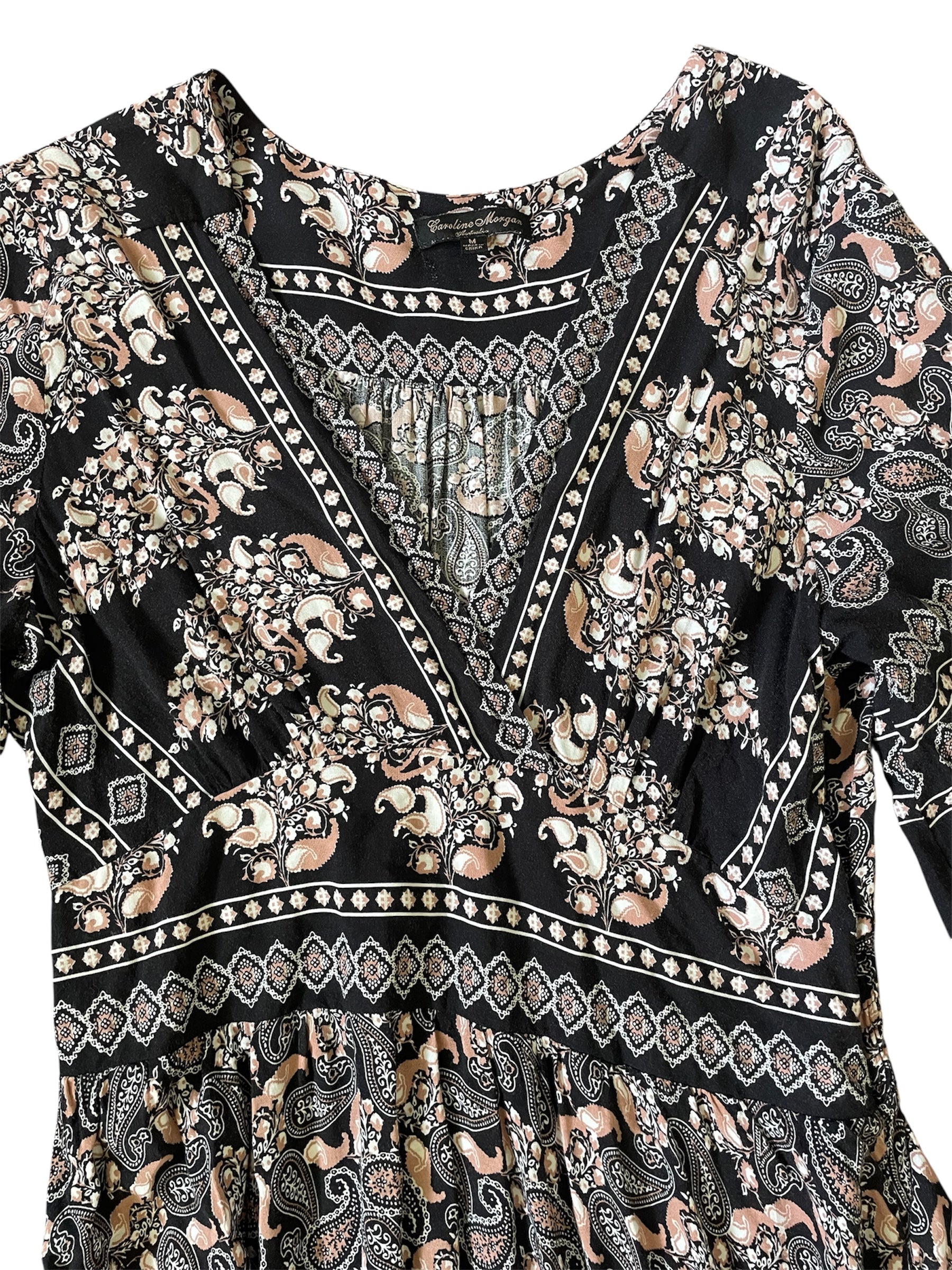 Black/beige paisley print 3/4 sleeve dress Sz M