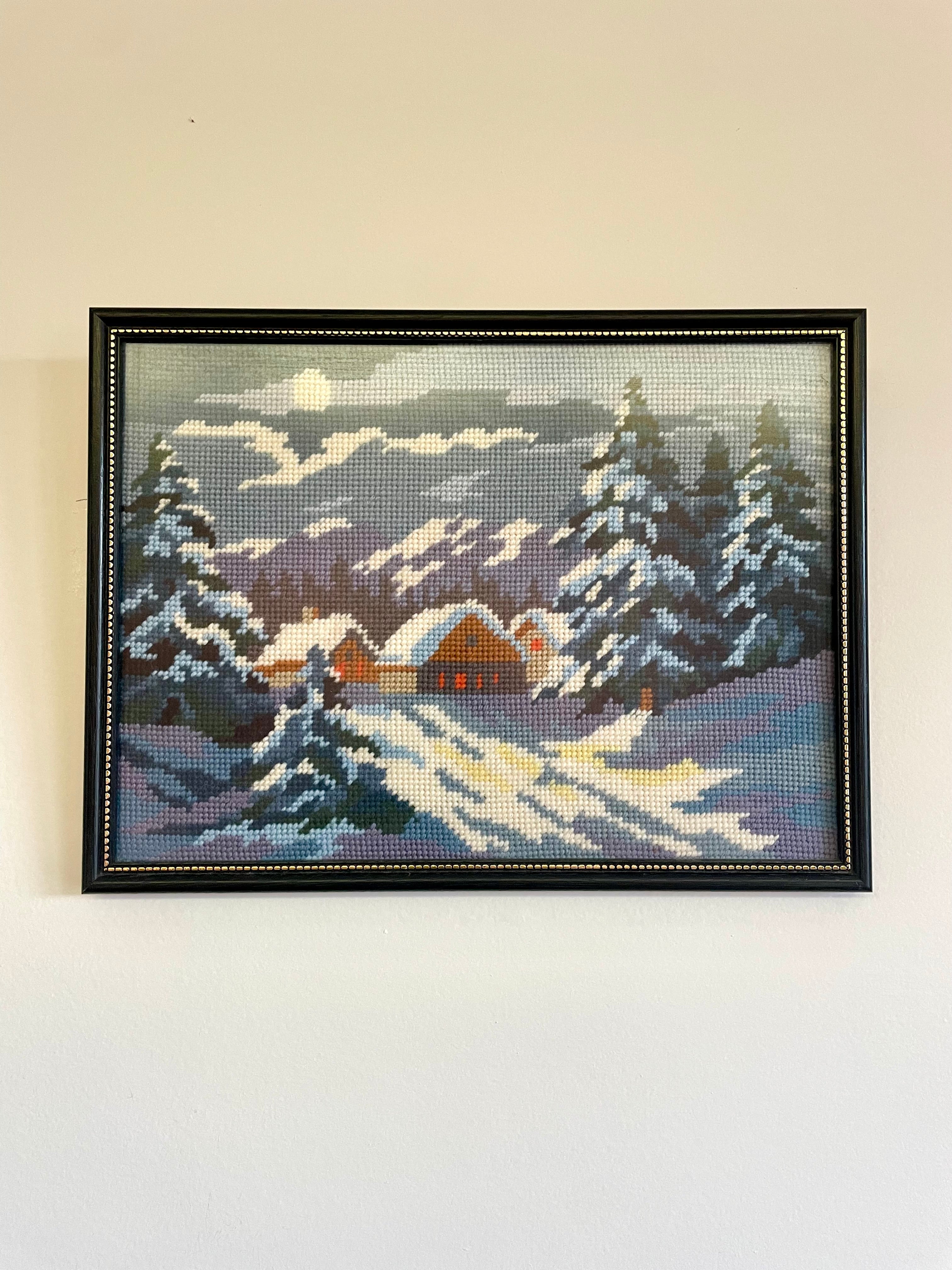 Vintage Framed Tapestry/Needlepoint - Snow Covered Trees