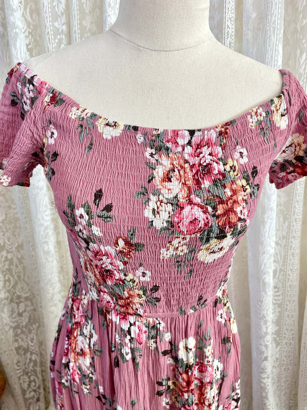 Pink Floral Off Shoulder Dress