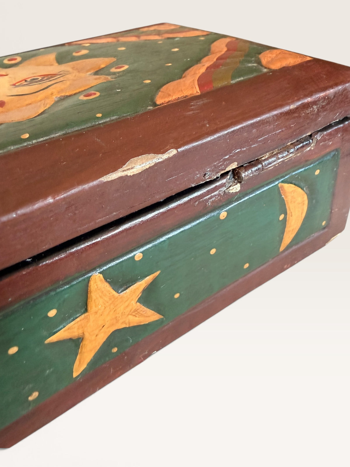 Authentic 1990s Vintage Celestial Wooden Box Hand Painted Sun Moon Star