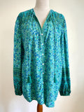 70s Inspired Turquoise Gypsy Border Print Blouse Sz 14