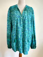 70s Inspired Turquoise Gypsy Border Print Blouse Sz 14