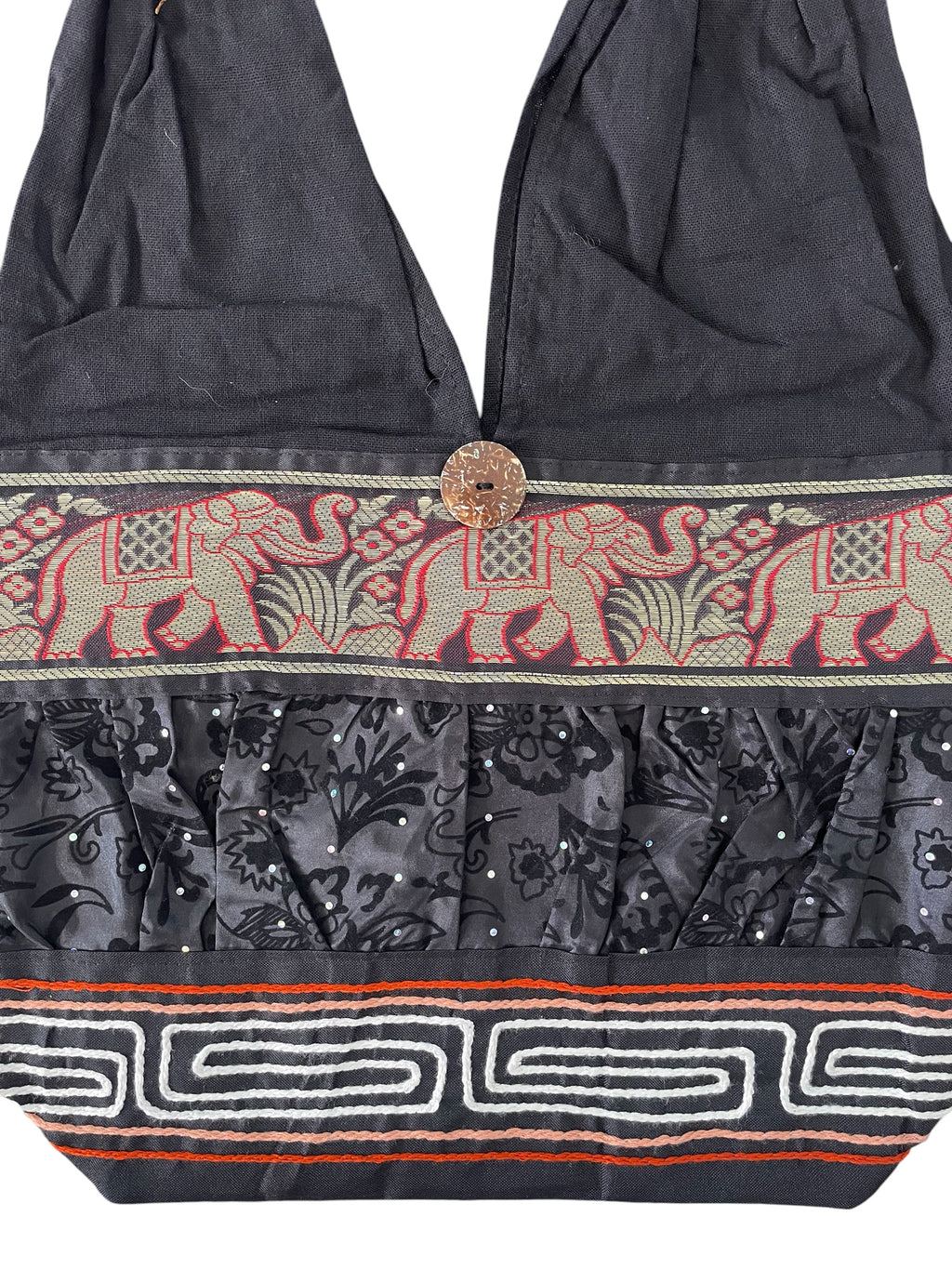 Hobo Style Sling Bag with Elephants and Embroidered Trim