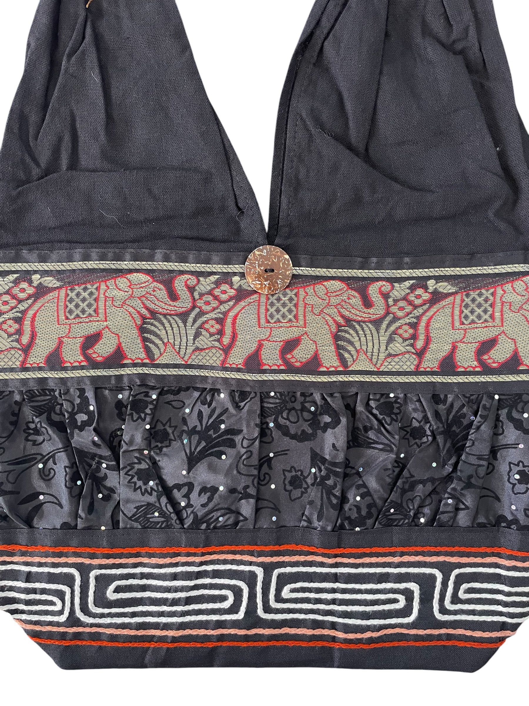 Hobo Style Sling Bag with Elephants and Embroidered Trim