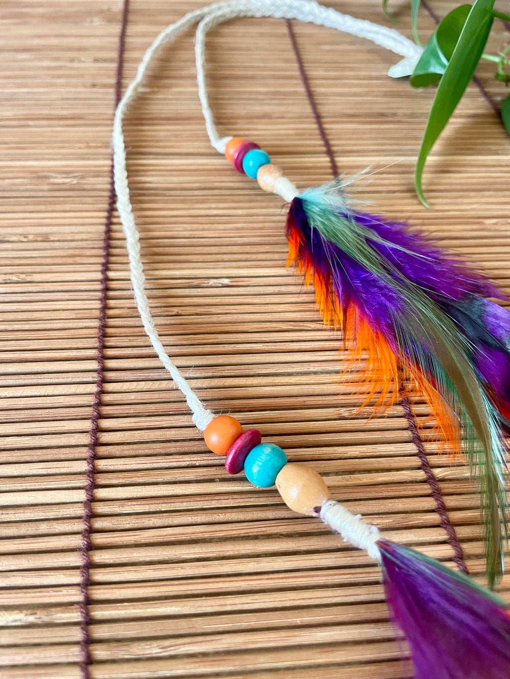 Feather & Hemp Hair Extension - Double Stranded Natural with Rainbow Feathers