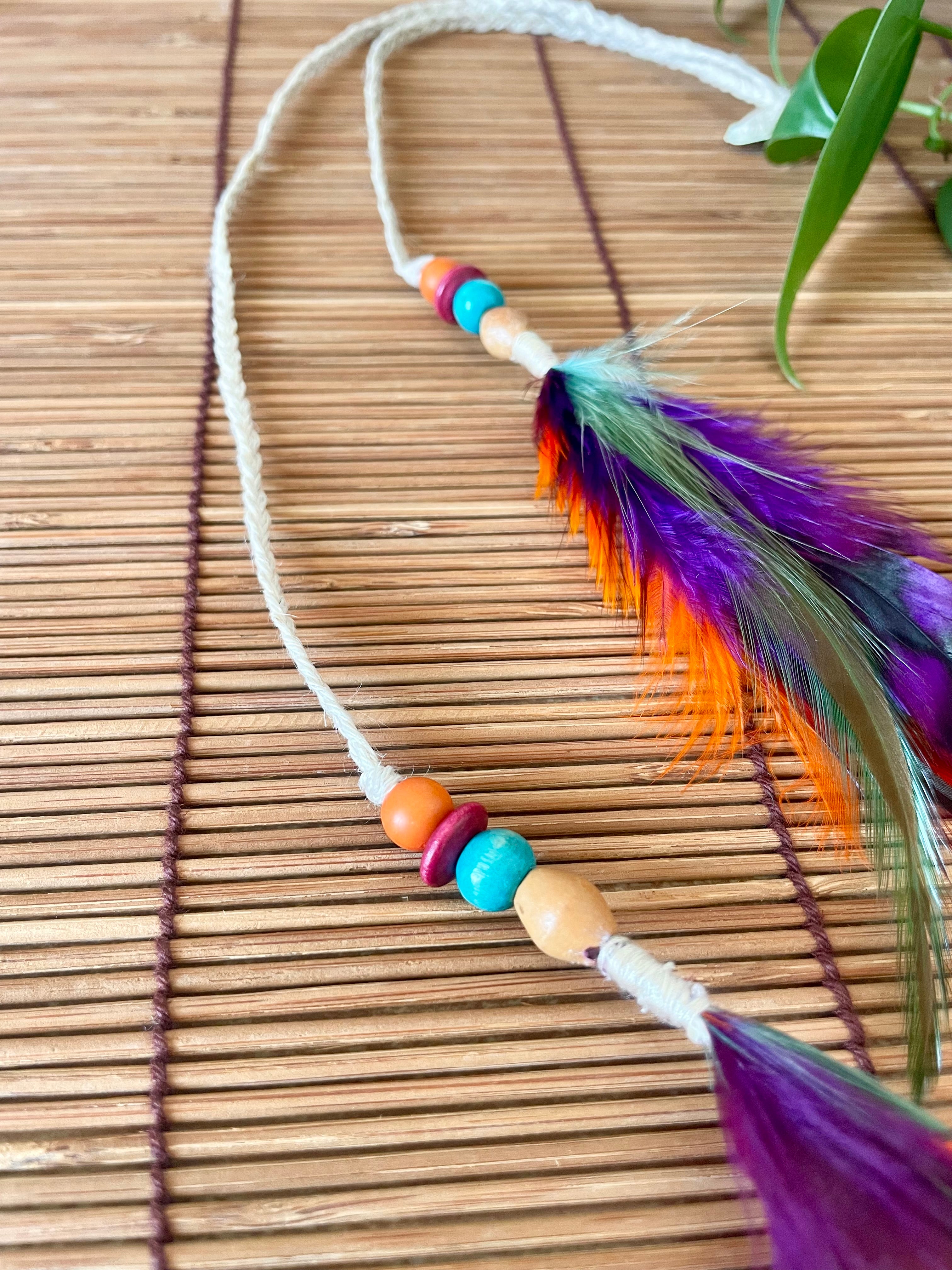 Feather & Hemp Hair Extension - Double Stranded Natural with Rainbow Feathers