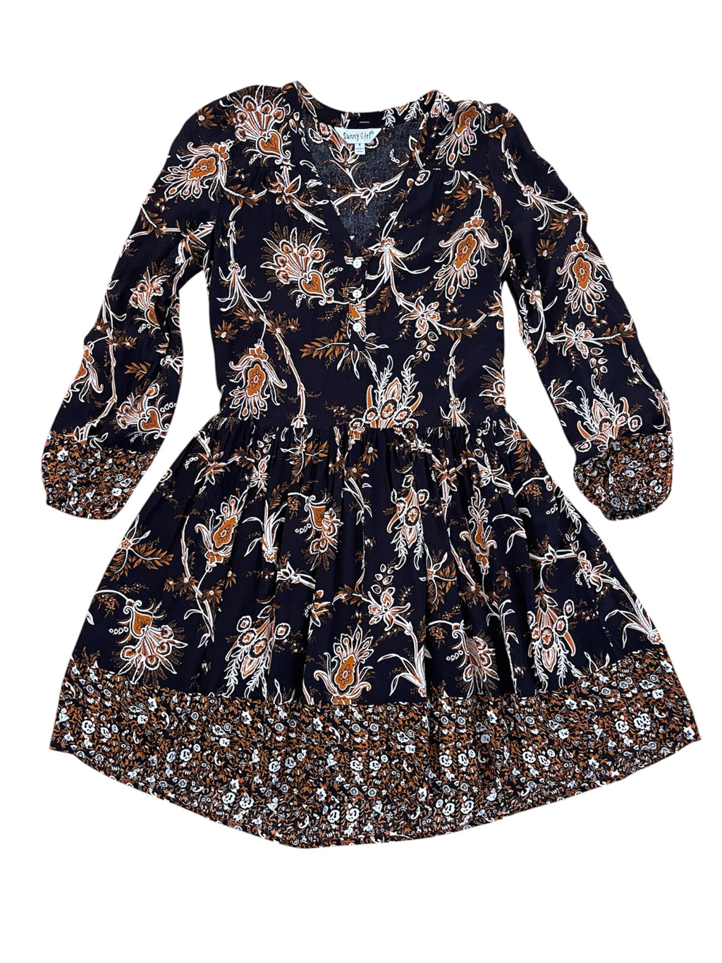 Paisley black & brown floral print l/s dress