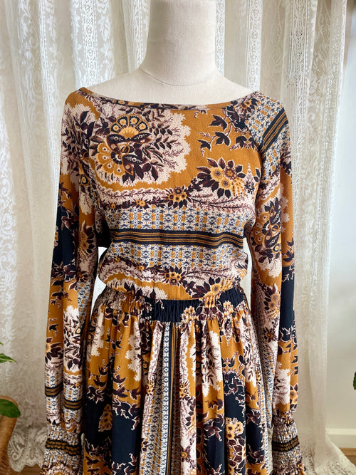 70s Vibe Boho Chic Scarf Print Maxi Dress - Ochre Gold Mustard Paisley Festival Long Sleeve Blouson Dress
