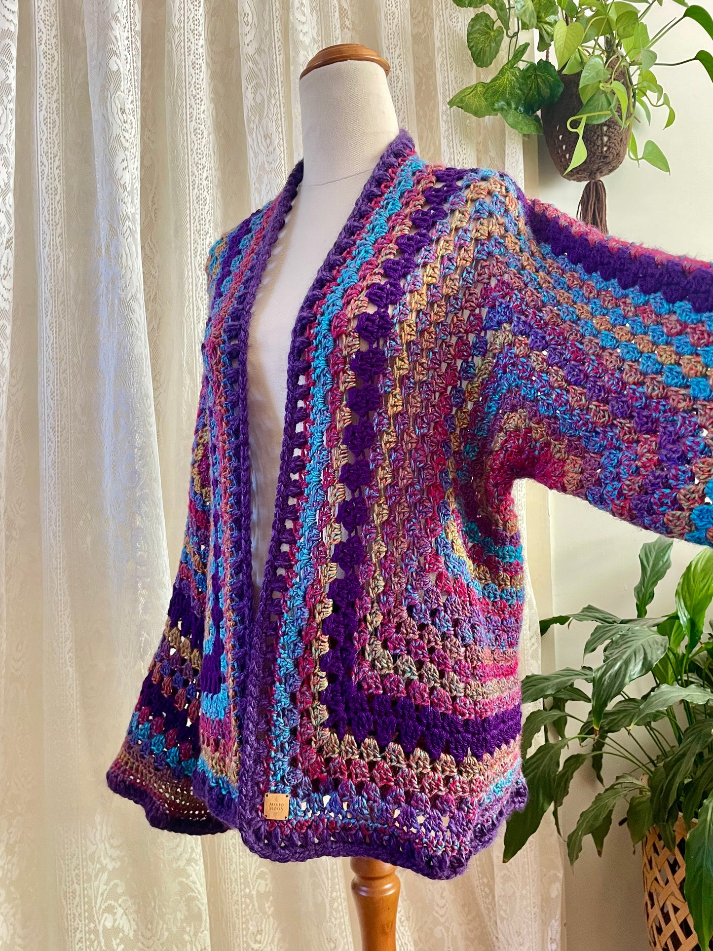 Purple Rainbow Reversible Crochet Cardigan with Bell Sleeves