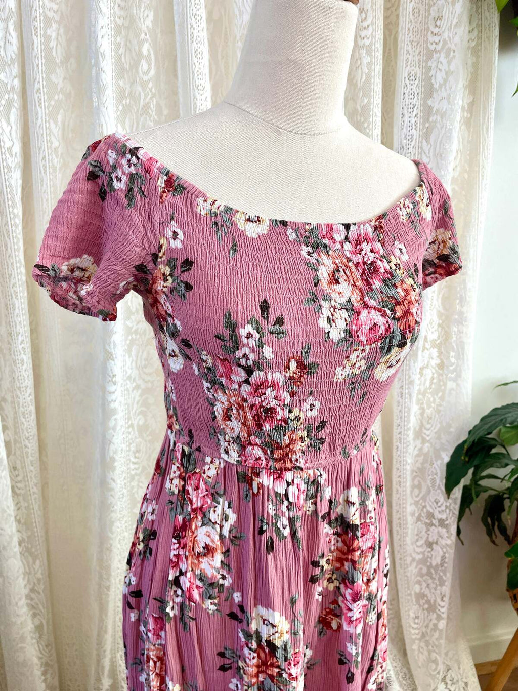 Pink Floral Off Shoulder Dress