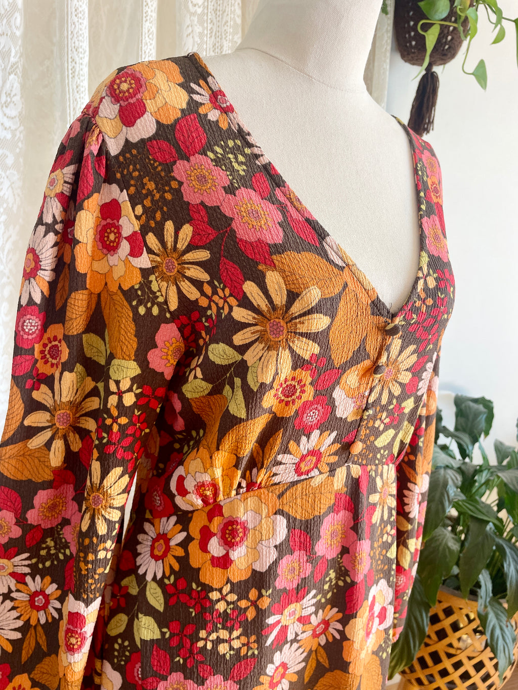 70s Style Retro Print Midi Dress