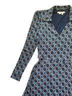 Retro Print Long Sleeve Belted Dress