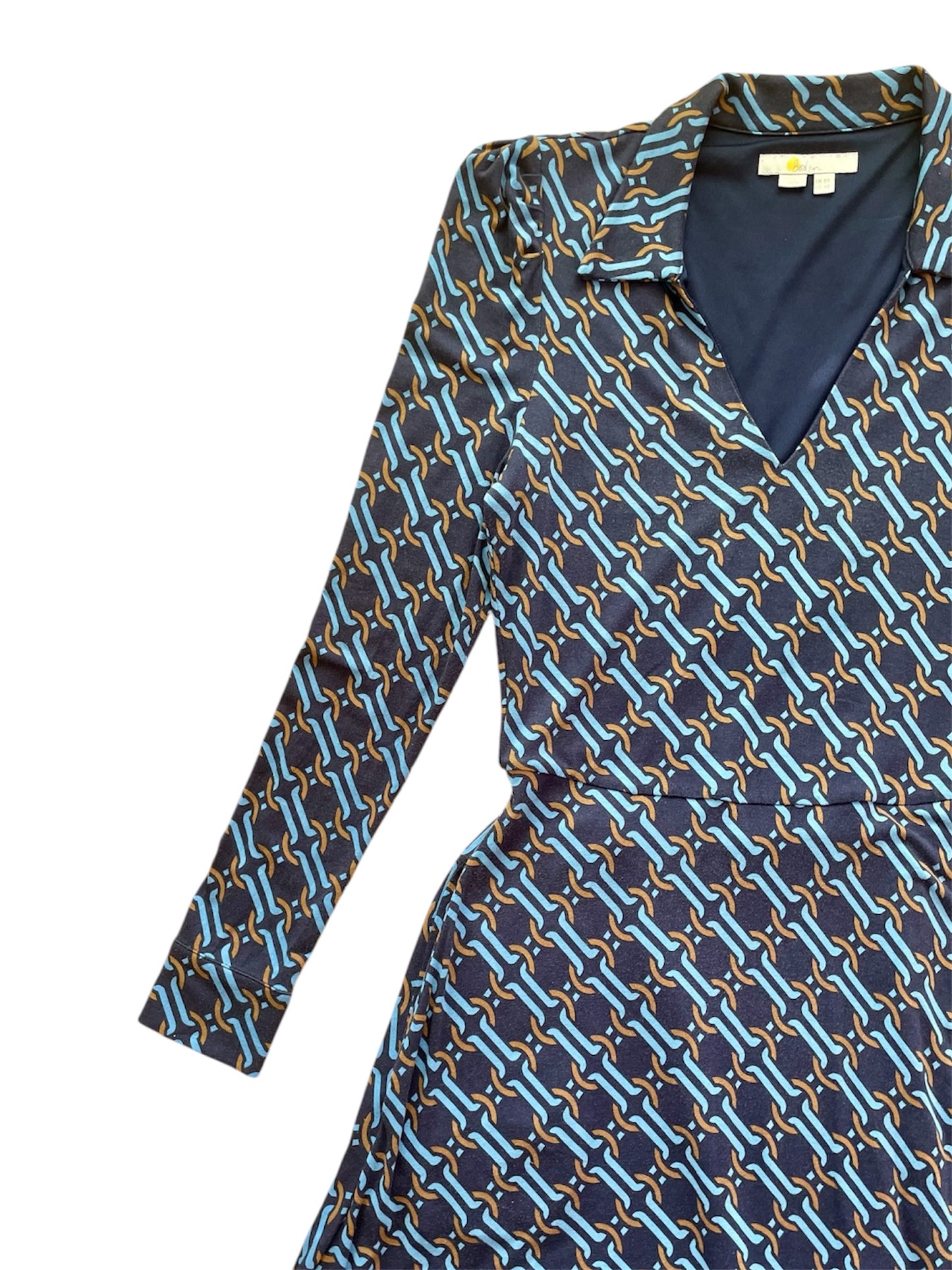 Retro Print Long Sleeve Belted Dress