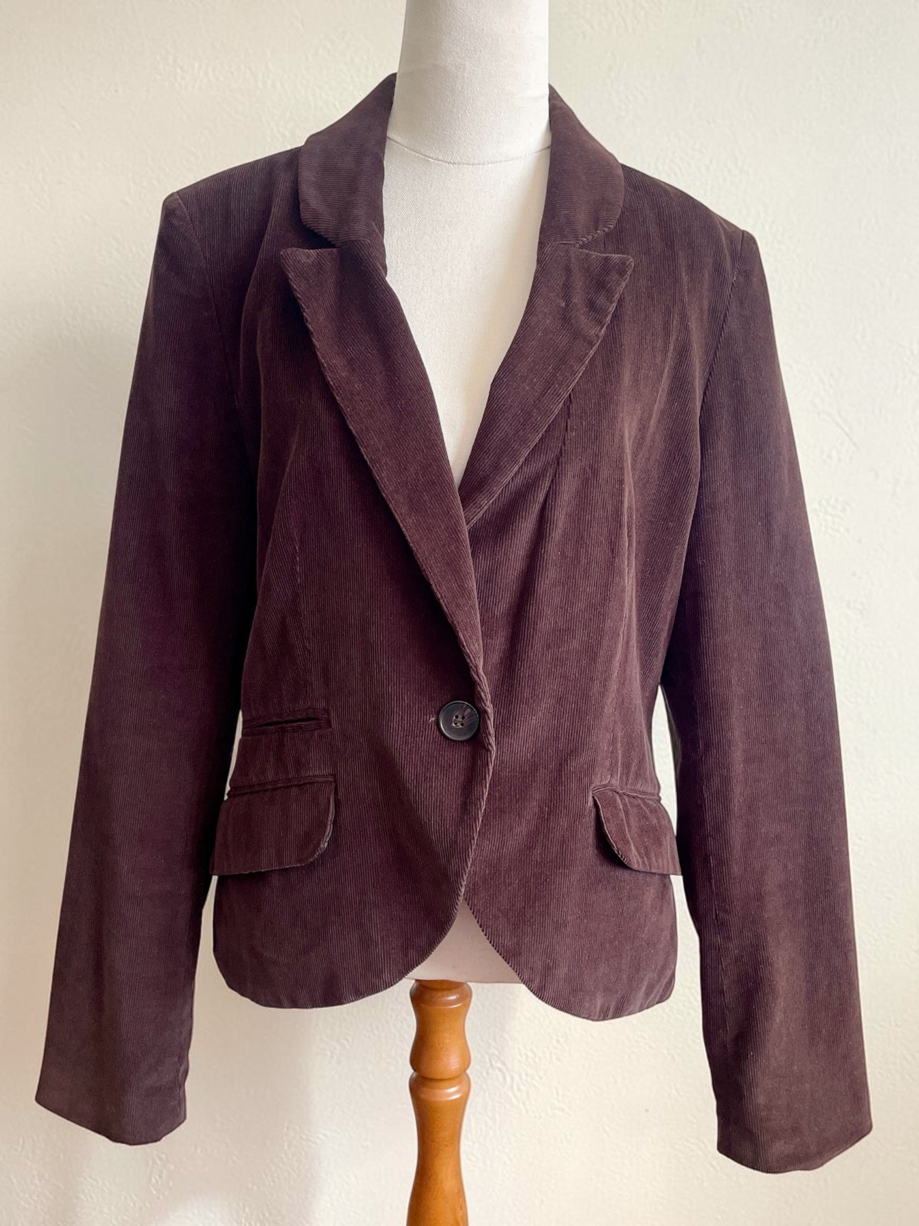 New Look Chocolate Brown Corduroy Jacket Single Button Ribbed Suit Coat 90s Minimalist Style Size 16