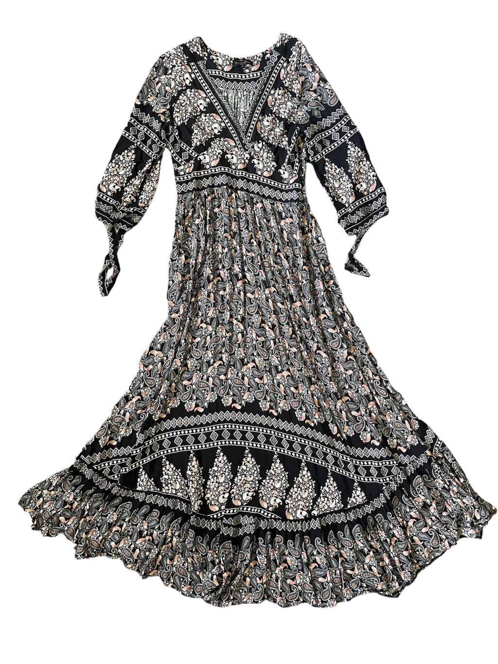 Black/beige paisley print 3/4 sleeve dress Sz M