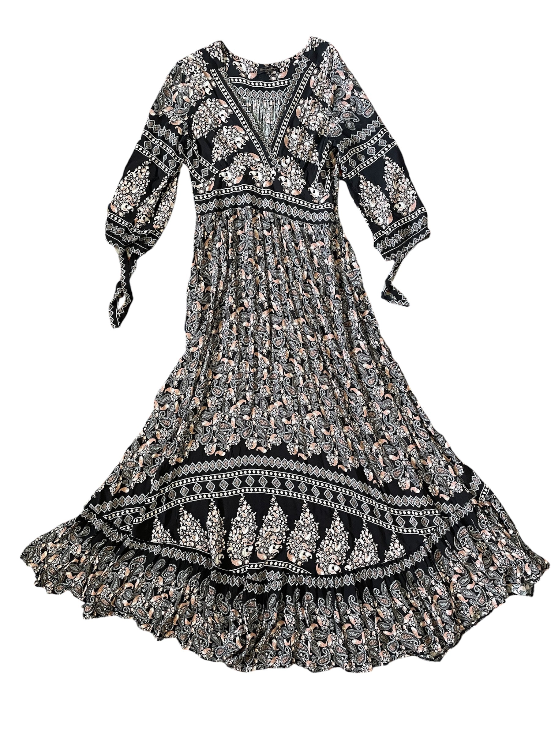 Black/beige paisley print 3/4 sleeve dress Sz M