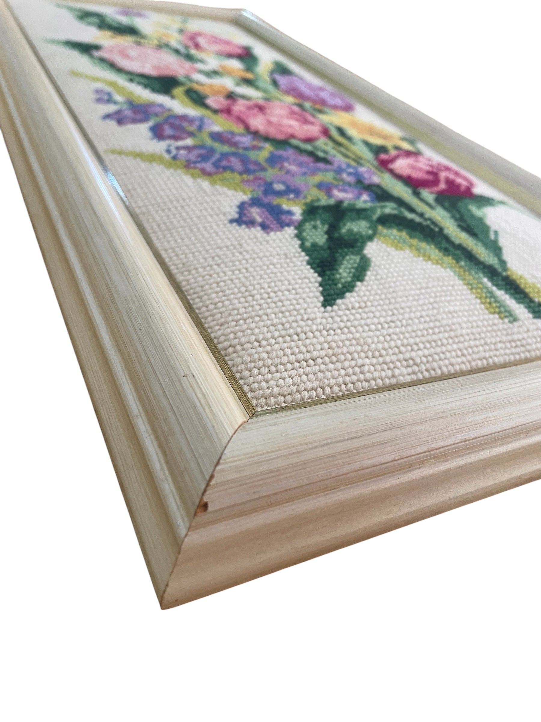 Vintage Tulips completed cross stitch in Frame D’art