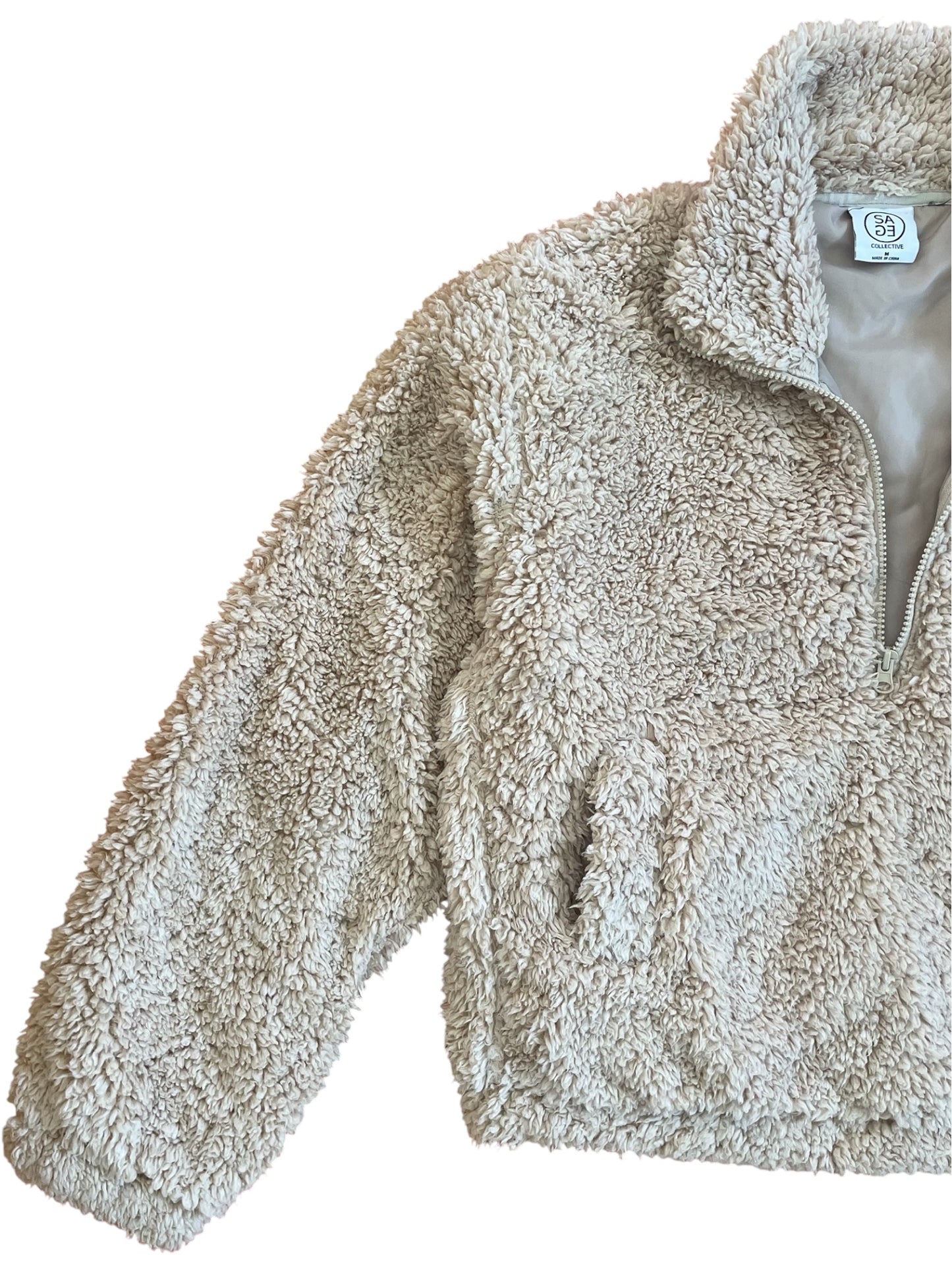 Beige Fluffy Teddy Jumper with High Zip Collar