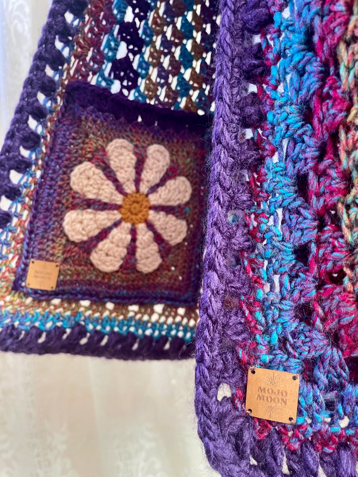 Purple Rainbow Reversible Crochet Cardigan with Bell Sleeves