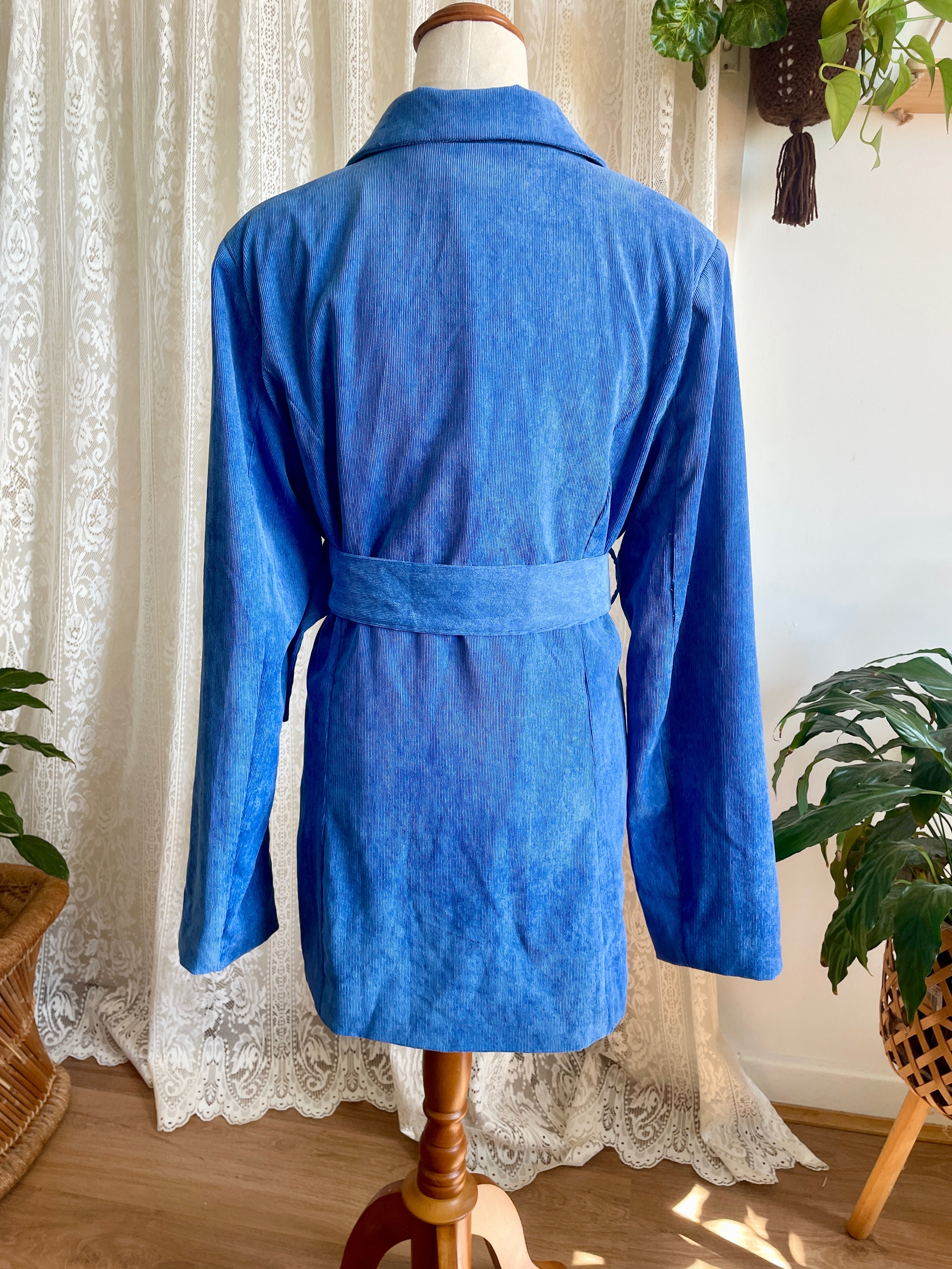 BNWT Daisy Street Blue Cord Belted Blazer Jacket • 90s Retro Ribbed Velvet Look Longline Coat