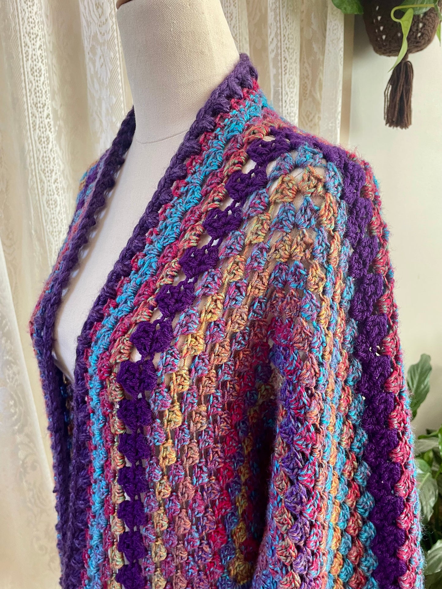 Purple Rainbow Reversible Crochet Cardigan with Bell Sleeves