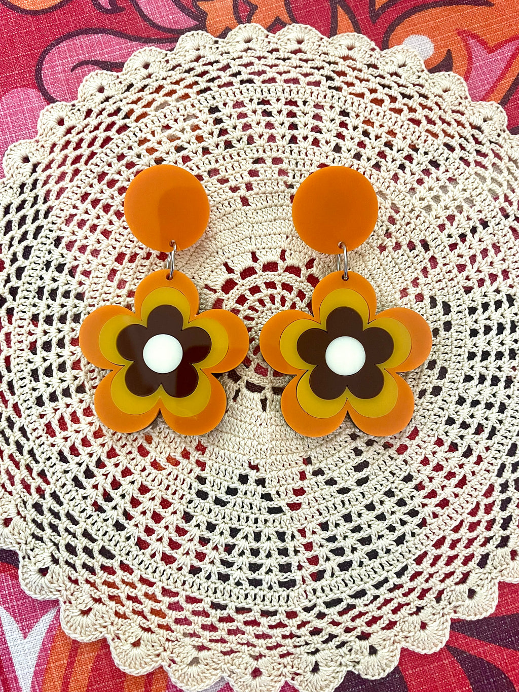 Retro Groovy Flower Earrings Tangerine